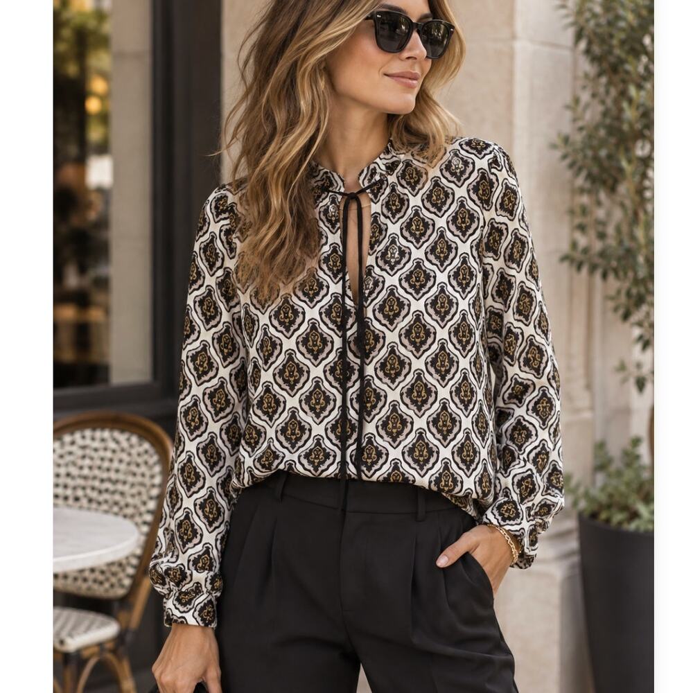 A.L.C. Silk Blouse Size 4 Black White Medallion Print Tie Neck Quiet Luxury